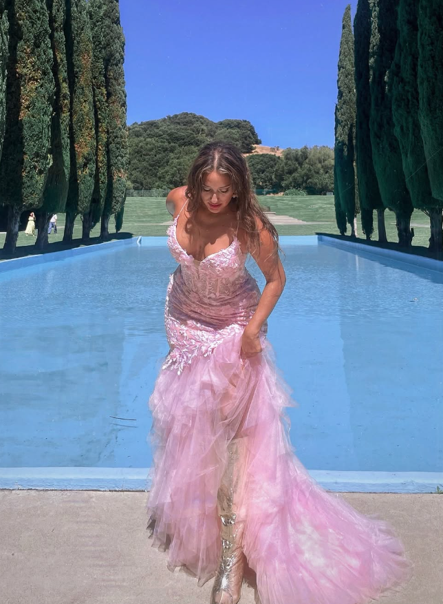 Princess Mermaid V Neck Corset Appliques Pink Tulle Prom Dress Evening Dress SH2165