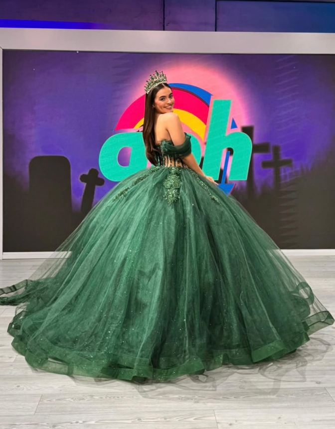 Green Tulle Applique Off the Shoulder Long Prom Dress Quinceanera Dress Ball Gown SH2446