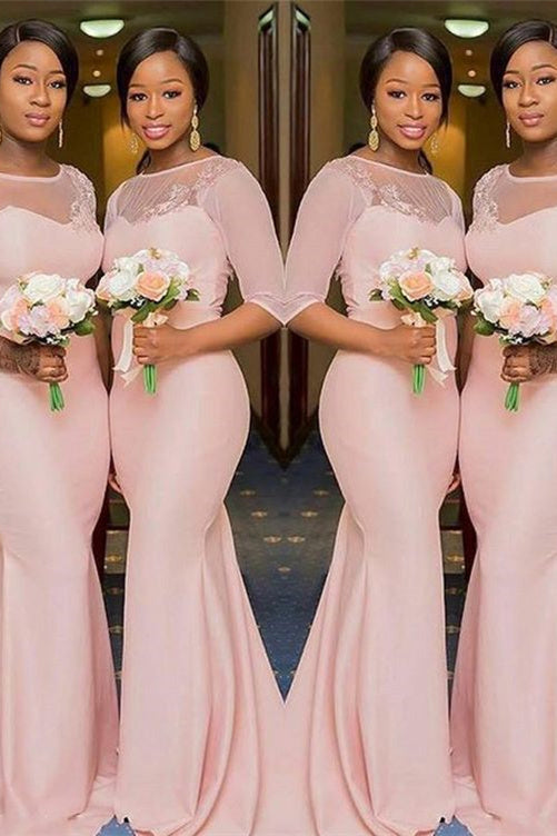 Mermaid Round Lace Applique Floor Length Half Sleeves Bridesmaid Dress
