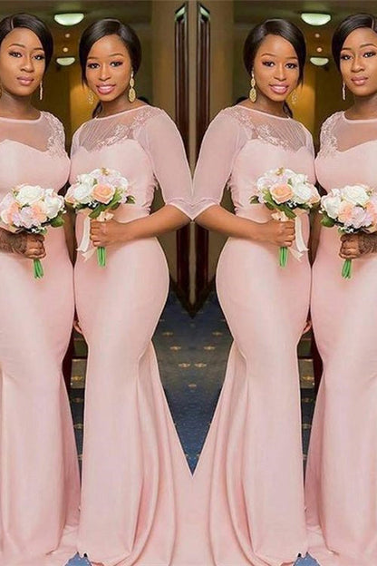Mermaid Round Lace Applique Floor Length Half Sleeves Bridesmaid Dress