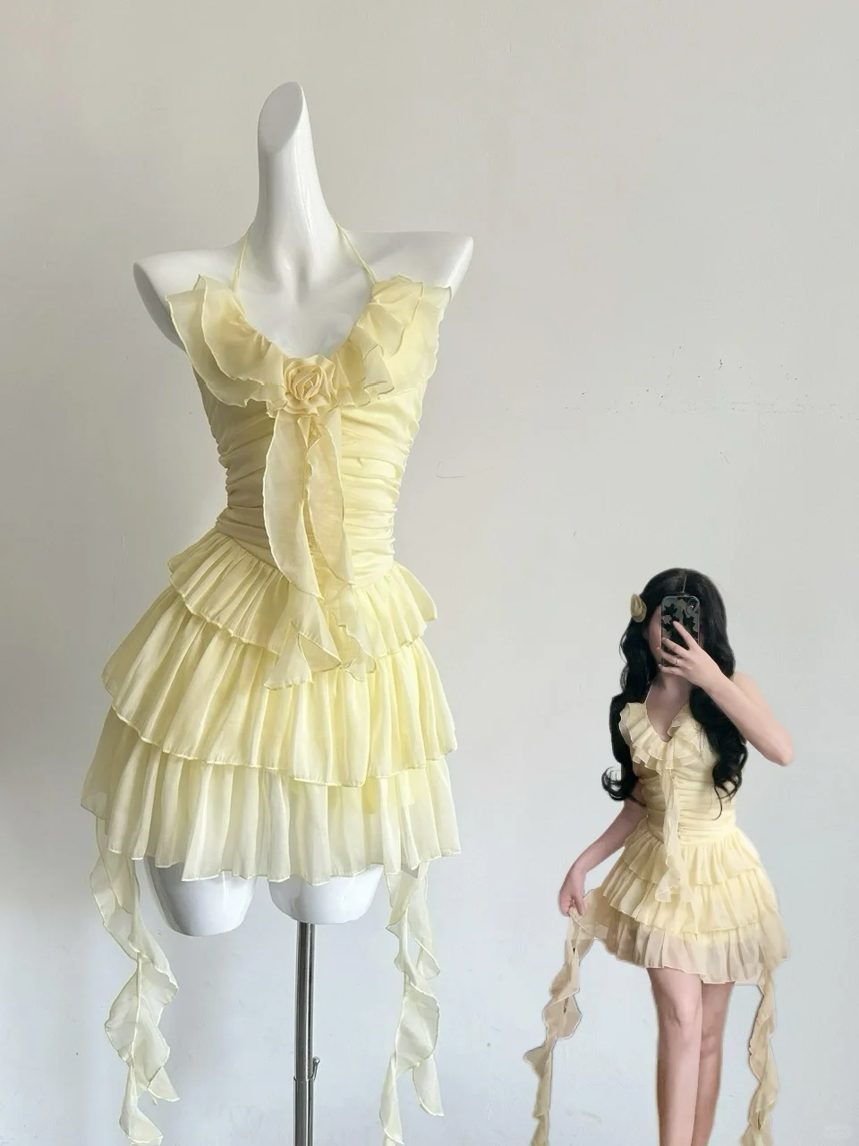 Cute Yellow Halter Chiffon Holiday Dress Mini Party Dress S318