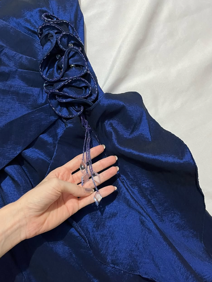 Vintage A Line Sweetheart Neck Ruffle Navy Blue Satin Prom Dress Graduation Prom Dress SH2590