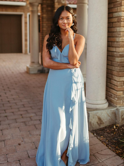Gentle A Line Ruffle Blue Chiffon Evening Dress Bridesmaid Dress with Slit SH2703