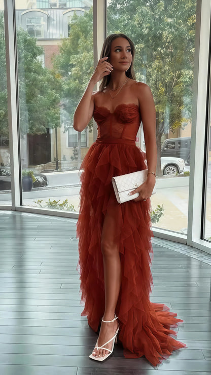 PM076,Rust Red Sweetheart High Low Tiered Formal Dress,Tulle Long Evening Prom Dresses