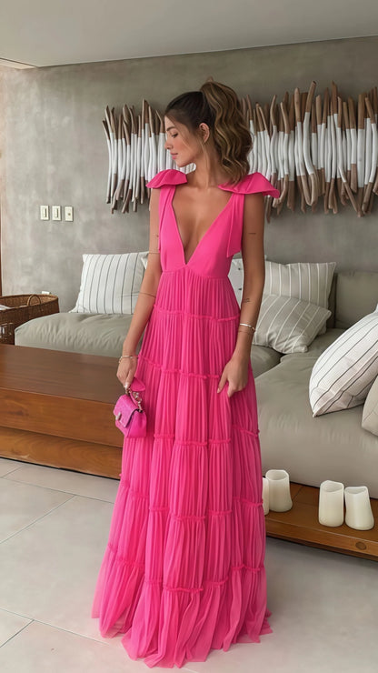 PM467,Pink Backless Prom Dress, V-Neck Evening Dress
