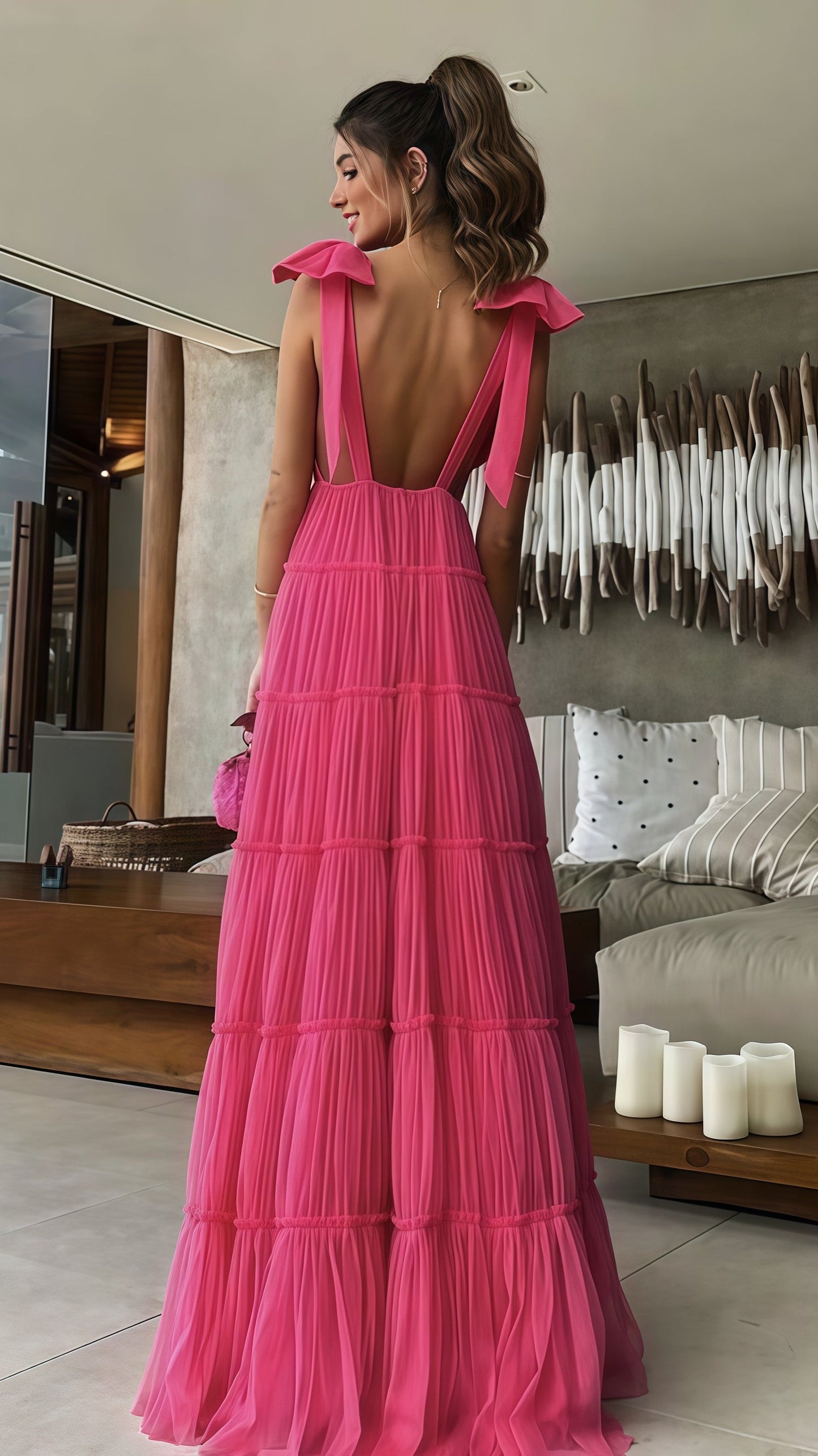 PM467,Pink Backless Prom Dress, V-Neck Evening Dress