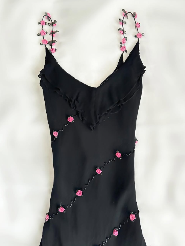 Vintage Blue Floral Black Beaded Ruffles Chiffon Prom Dress Evening Party Gowns SH3537