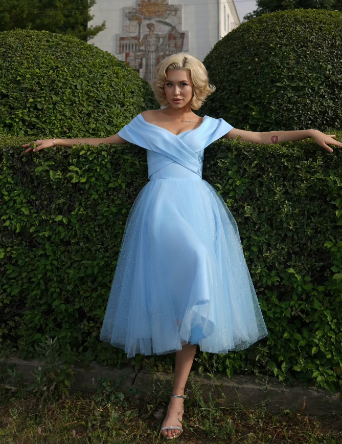 Charming Blue A Line Off the Shoulder Satin Homecoming Dress Party Birthday Dress SH3679