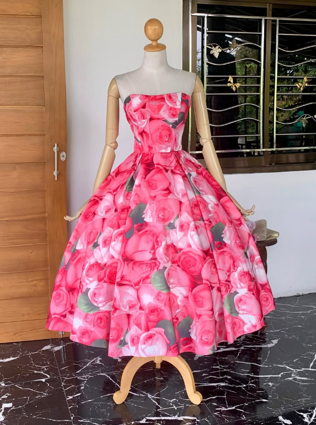 Vintage Pink A Line Strapless Print Flower Satin Prom Dress Evening Dress SH2292