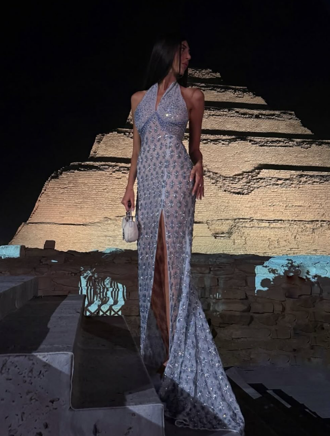 Blue Exquisite Mermaid Halter Rhinestone Tulle Long Prom Dress Evening Dress with Slit SH3514