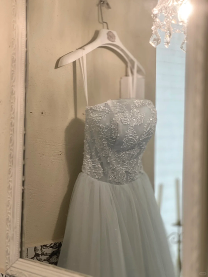 Baby Blue A Line Strapless Beaded Tulle 18th Birthday Dress Prom Dress SH3847