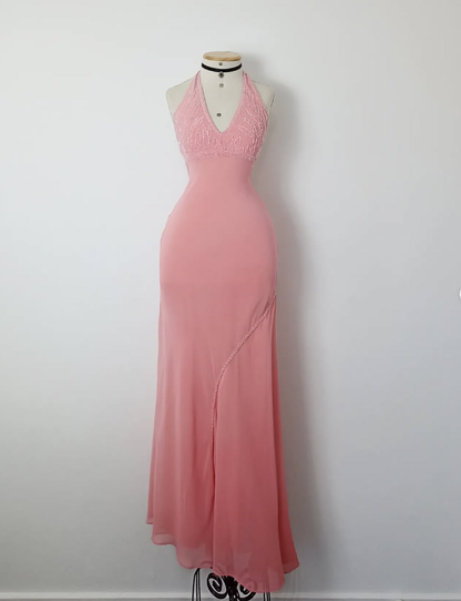 Retro A Line V Neck Pink Beaded Chiffon Prom Dress Evening Dress SH3367