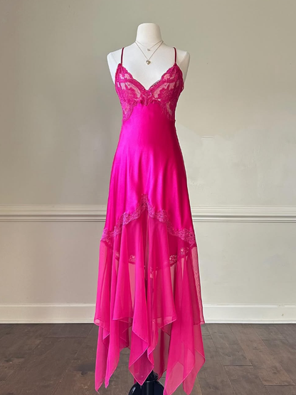 Hot Pink Sexy A Line Spaghetti Strap Lace Satin Prom Dress Evening Dress SH2316