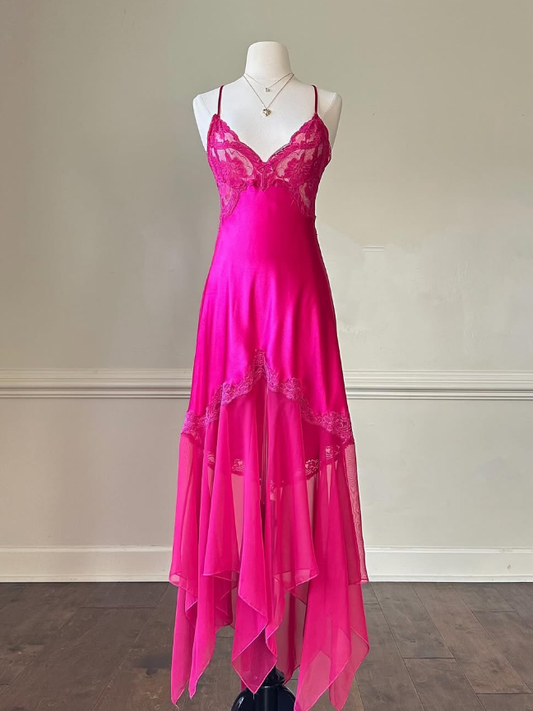 Hot Pink Sexy A Line Spaghetti Strap Lace Satin Prom Dress Evening Dress SH2316
