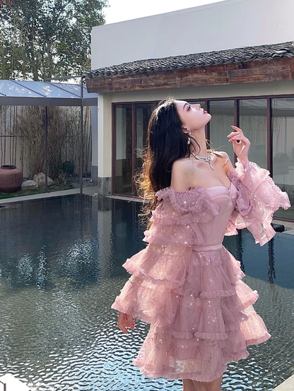 Gentle Purple A Line Long Sleeve Layered Tulle Homecoming Dress Birthday Dress Outfits SH3640