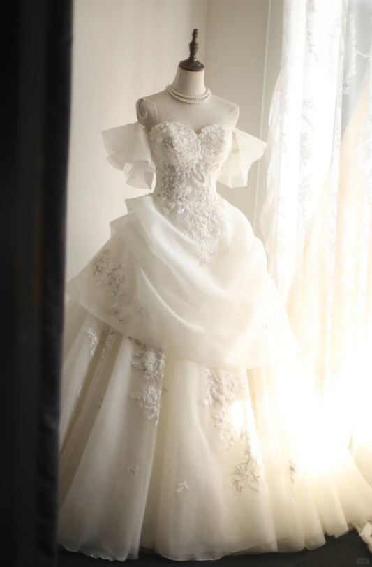 Classy White Tulle Applique Beaded Long Wedding Dress Formal Prom Dress S537