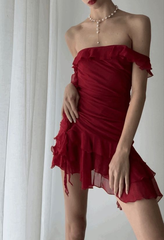 Irregular Off Shoulder Ruffle Red Short Party Dress Homecoming Dress S284