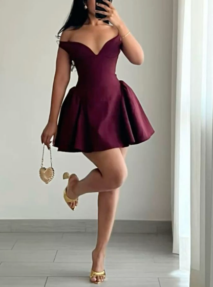 Simple Burgundy Satin A Line 7th Grade Homecoming Dress Off The Shoulder Short Birthday Party Dress S717