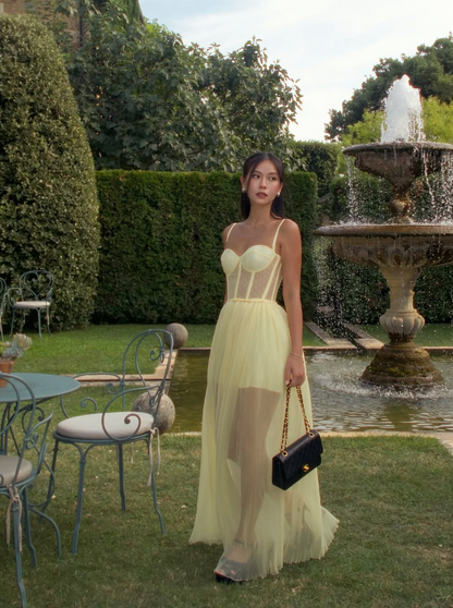 Pretty A Line Spaghetti Strap Corset Light Yellow Tulle Prom Dress Evening Dress SH2210