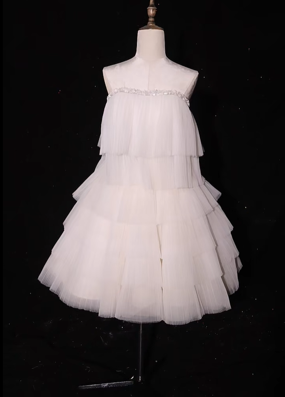 Classy White Strapless Tulle Pleated Layered A Line Birthday Outfits Short Graduation Homecoming Dress S973