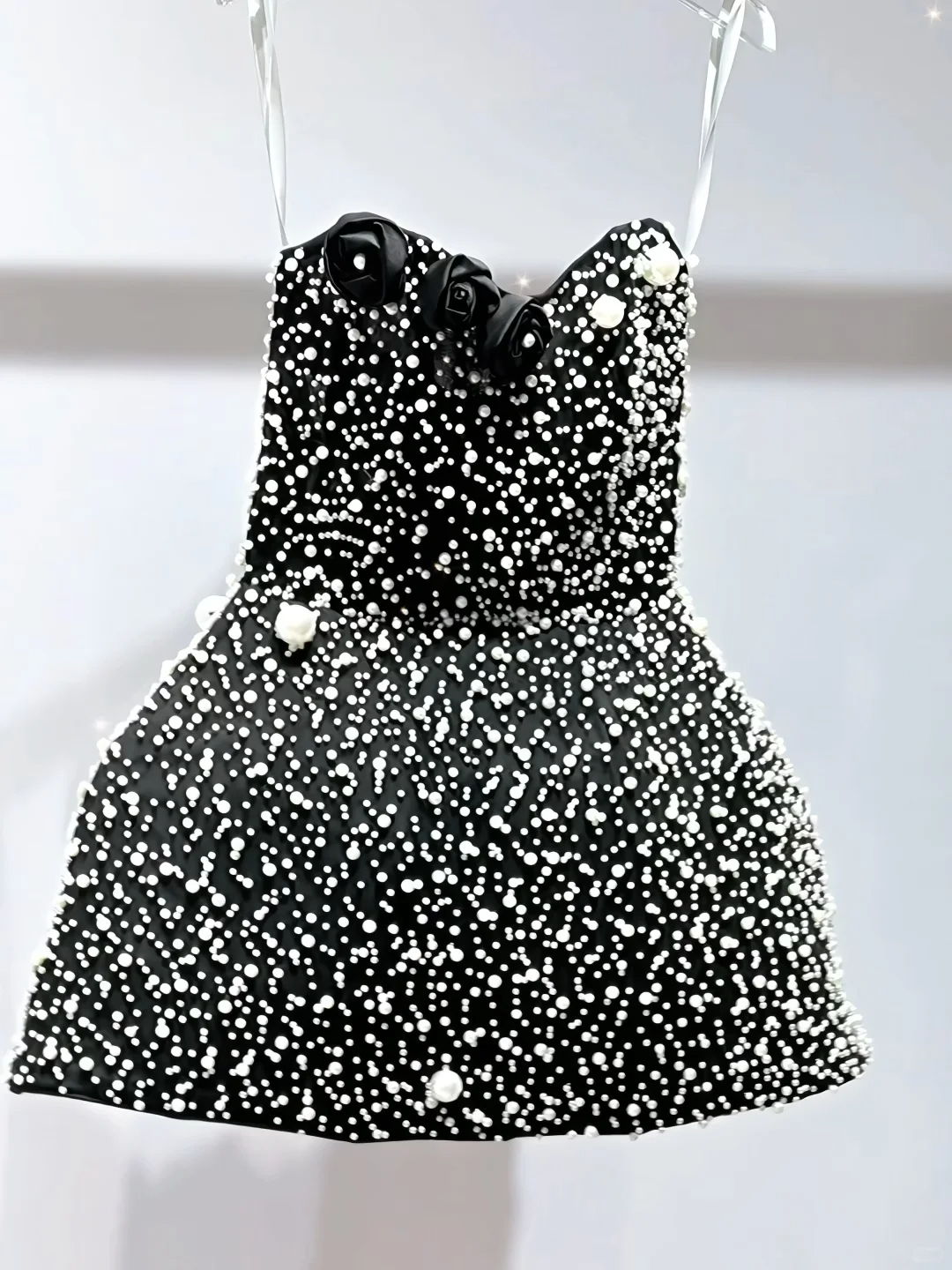 Gorgeous Strapless Black Satin Pearls Mini Birthday Outfits A Line Homecoming Dress S407