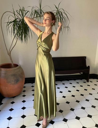 Green Sheath Halter Bow Satin Open Back Prom Dress Graduation Prom Dress SH2587
