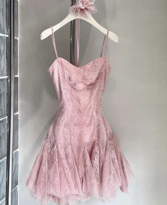 Sweet Spaghetti Straps Pink Lace A Line Homecoming Dress Mini Cocktail Dress S440