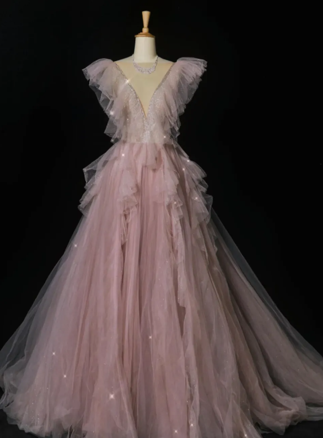 Pink Beaded A Line V Neck Ruffle Tulle Prom Dress Evening Dress Party Dress SH3619