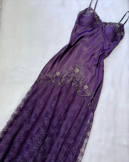 Purple Gorgeous Exquisite Applique Beading Spaghetti Strap Long Lace Ball Gown Evening Dress gh3174