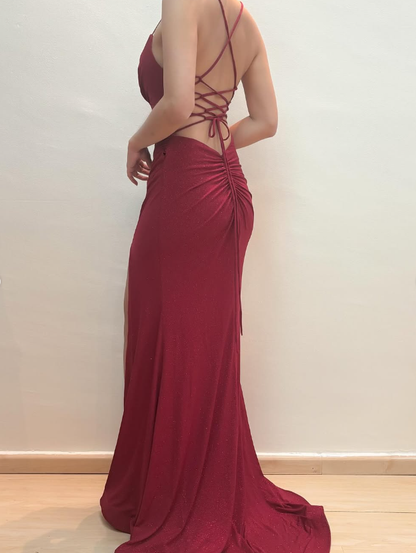 Inspiration Mermaid Spaghetti Strap Red Satin Prom Dress Evening Dress with Slit SH2221