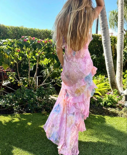 Dreamy elegant spaghetti strap pink layered ruffle maxi dress long chiffon evening gown Prom Dress gh2905