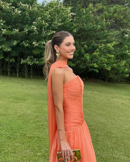 Open Back Chiffon Long Dress with Scarf Formal Evening Gown