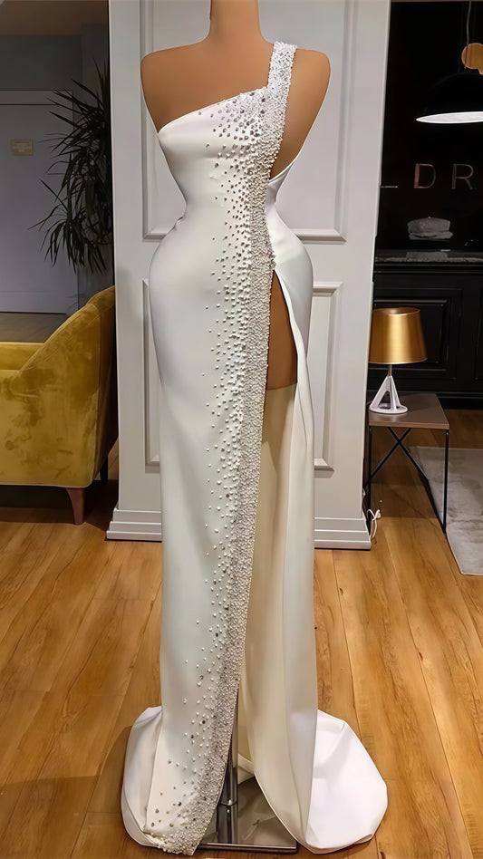 Pearl Beaded Ivory Wedding Dress, Split Party Formal Dress