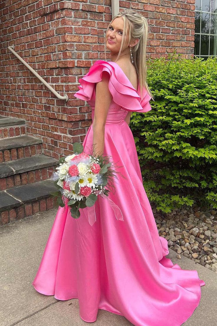 Pink A-Line Split Long Prom Dress