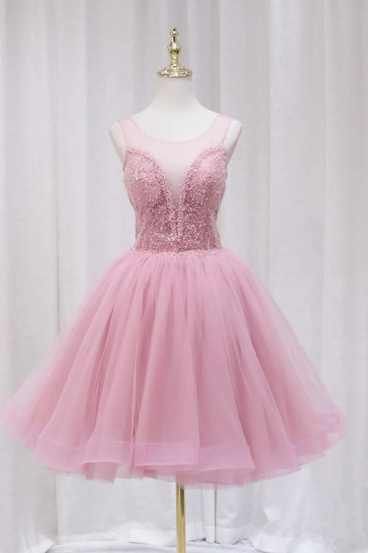 Pink A Line Round Neck Short Prom Dresses Homecoming Dresses with Beadings SH1709