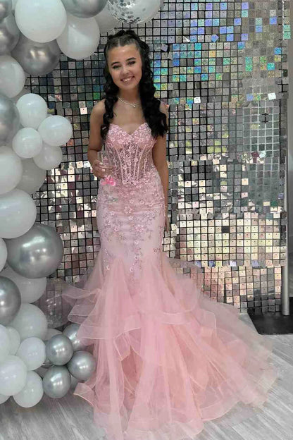 Elegant Mermaid Sweetheart Lace Pink Long Birthday Dress Prom Dress Baddie Summer 20th Birthday Outfit DP1131