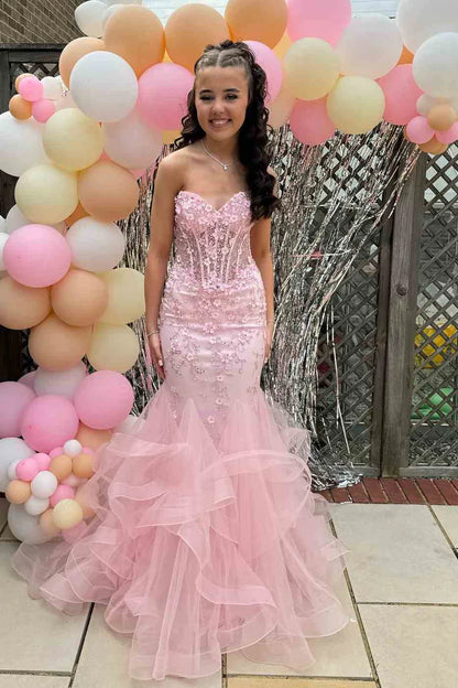 Elegant Mermaid Sweetheart Lace Pink Long Birthday Dress Prom Dress Baddie Summer 20th Birthday Outfit DP1131