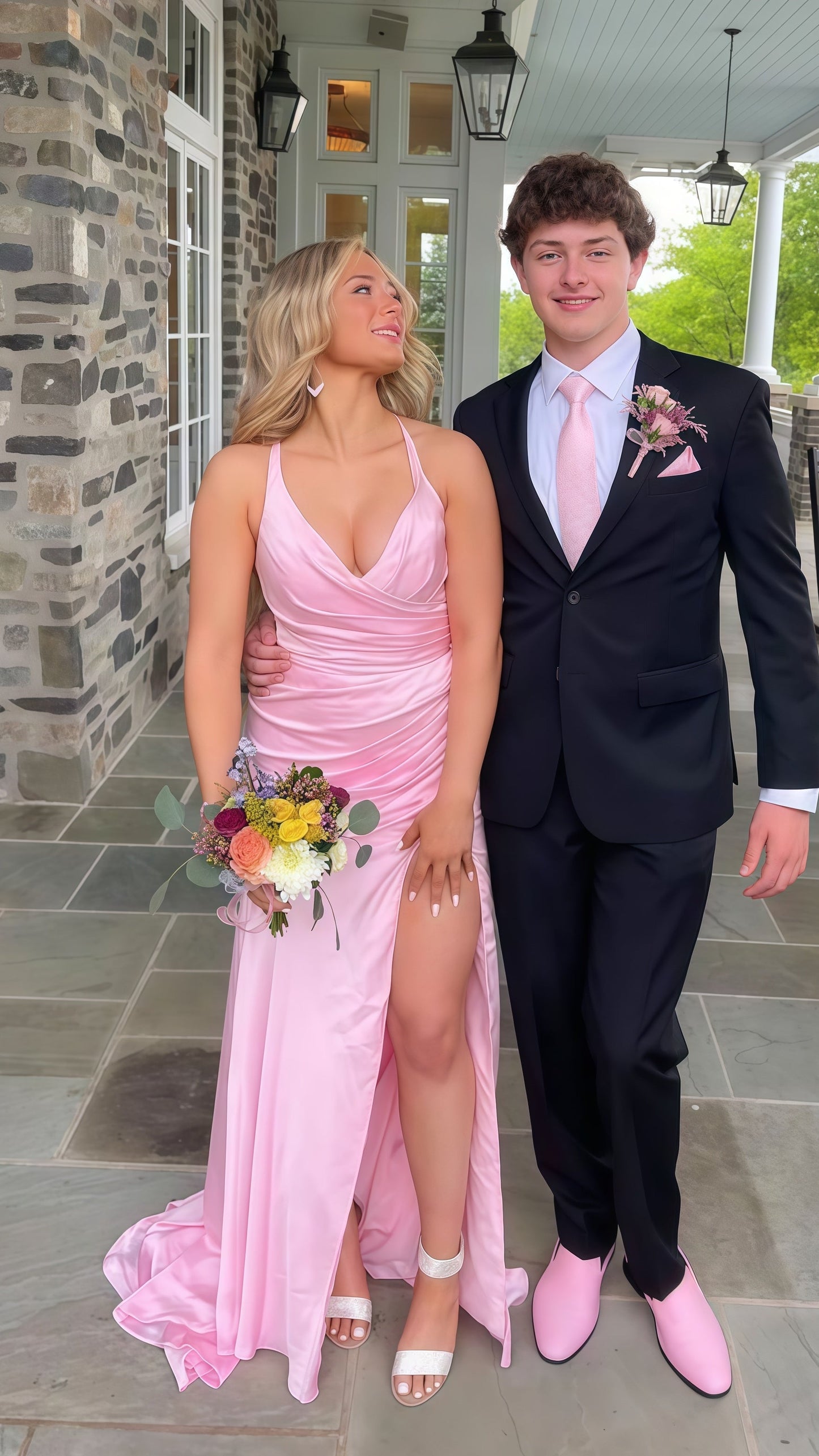 Pink V-neck Mermaid Prom Dress, Cross Back Evening Dress