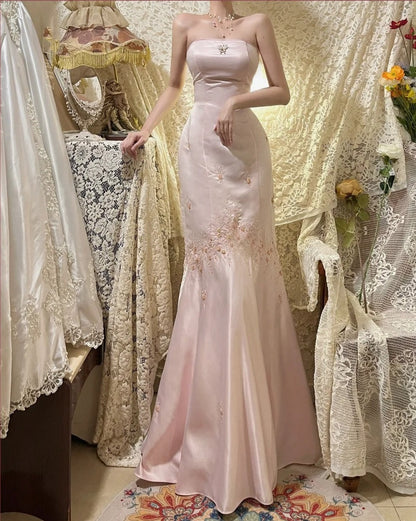 Light Pink Butterfly Beading Long Satin Ball Gown Evening Dress Party Dress gh4486