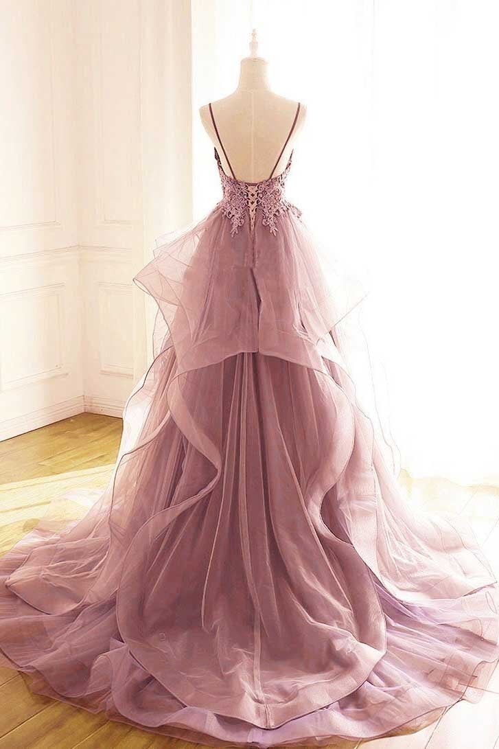 Princess Dark Pink Tulle Long Prom Dress With Lace, Ruffle A Line Formal Dress