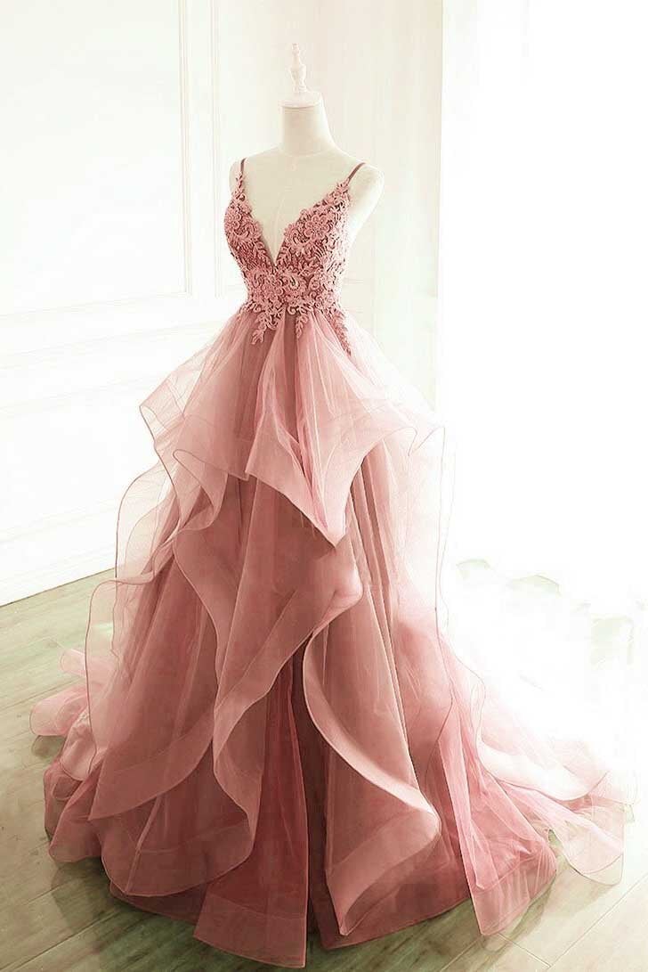 Princess Dark Pink Tulle Long Prom Dress With Lace, Ruffle A Line Formal Dress