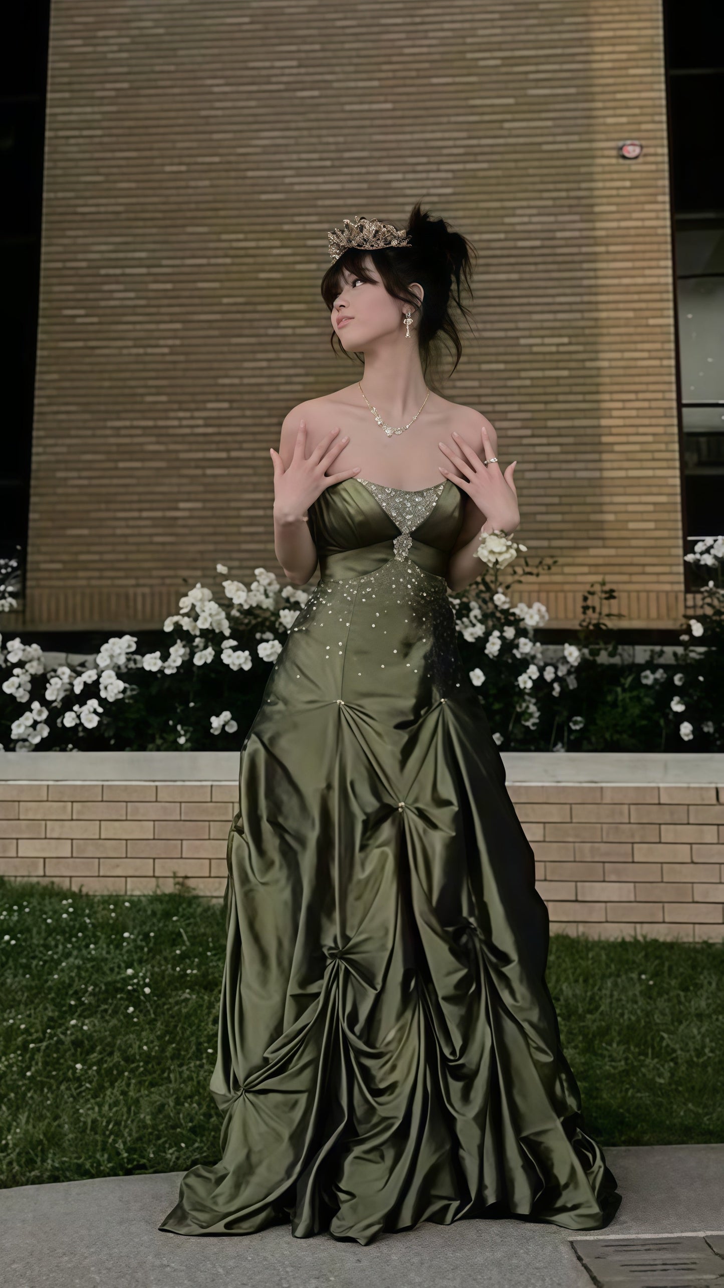 Princess Olive Green Beaded Prom Dress