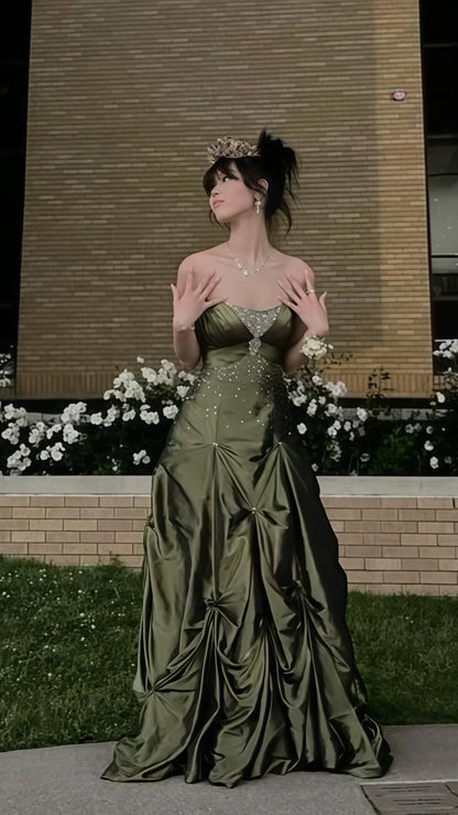 Princess Olive Green Beaded Prom Dress