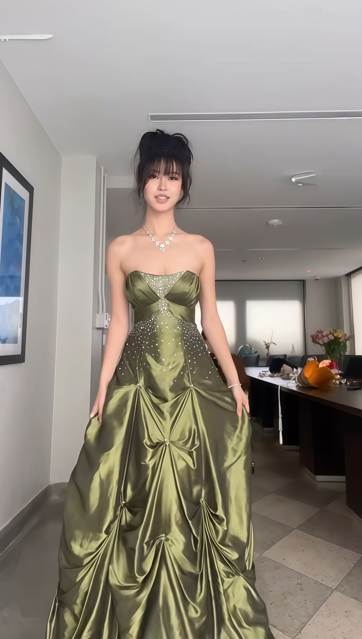 Princess Olive Green Beaded Prom Dress