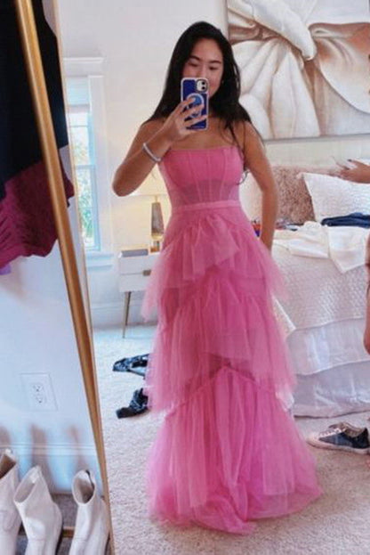 PM027,Princess Hot Pink A Line Tulle Long Prom Dress Layered Ruffles Evening Gown