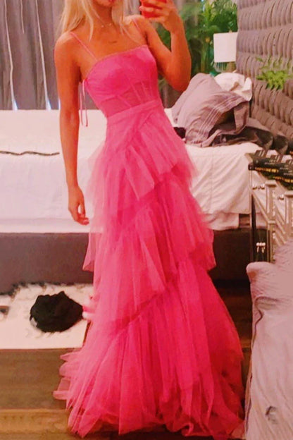 PM027,Princess Hot Pink A Line Tulle Long Prom Dress Layered Ruffles Evening Gown