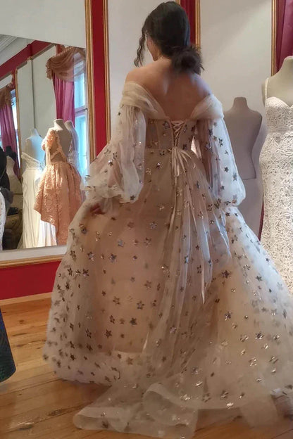 PM088,Princess Tulle Starry Prom Dress, Sparkly Off The Shoulder Stars Long Party Gown