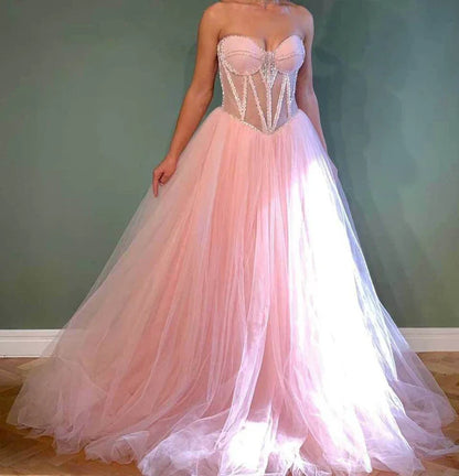 Pink Sparkling A-Line Long Beaded Elegant Halter Neck tulle Ball Gown Evening Dress gh3295