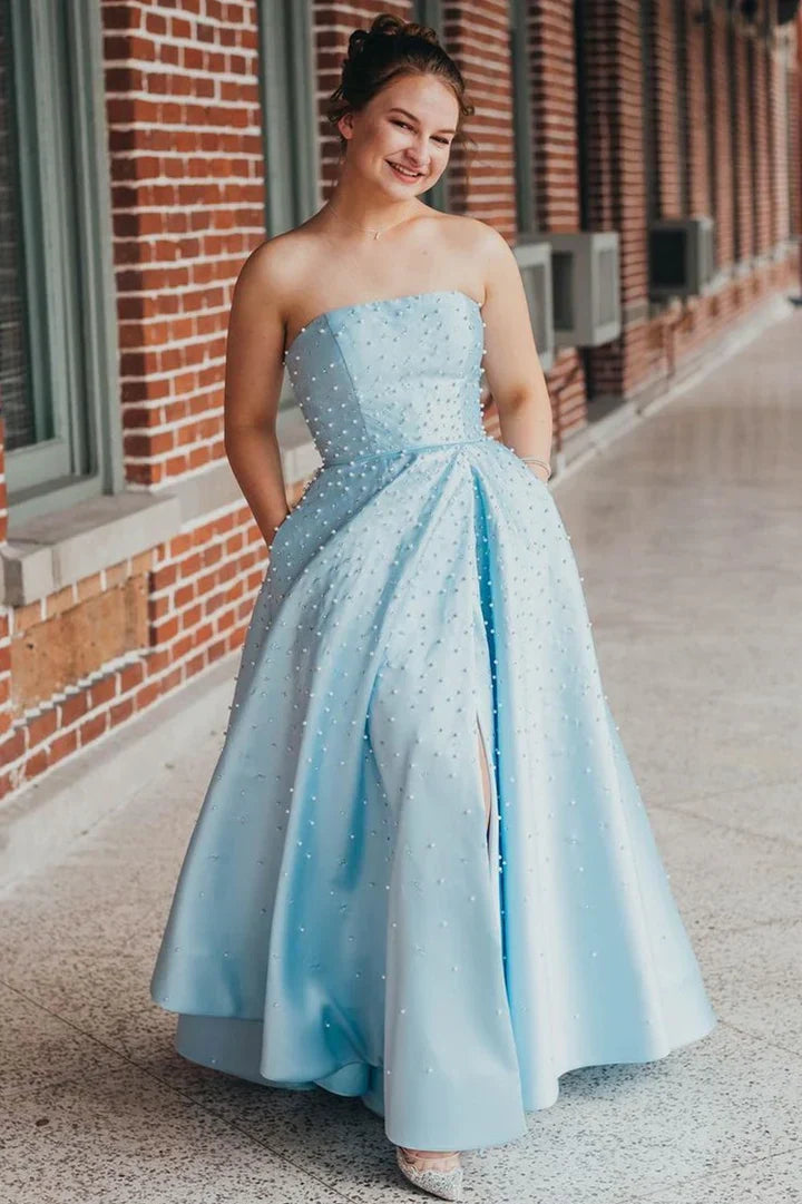 Blue fashion elegant exquisite pearl beading long satin ball gown evening dress gh3308