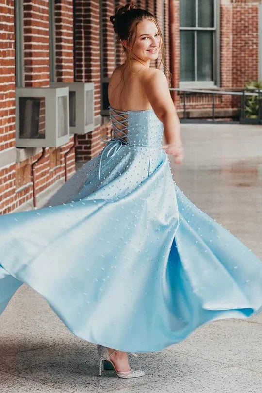 Blue fashion elegant exquisite pearl beading long satin ball gown evening dress gh3308